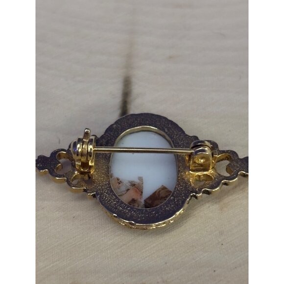 Vintage Porcelain Brooch Gilded Nude Maidens, Rococo Revival Pin Ornate Gold Ton - Picture 5 of 11